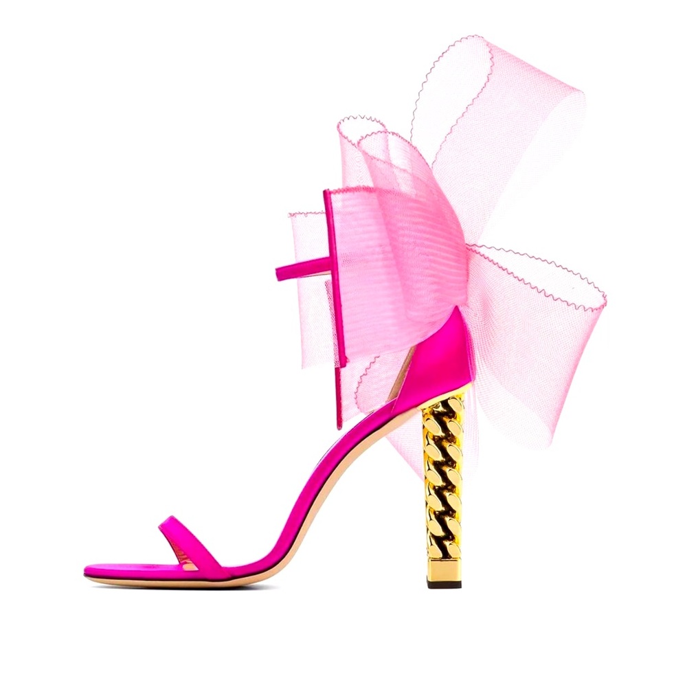 Pink Mesh Bow Open Toe Chain Heel | Size 7